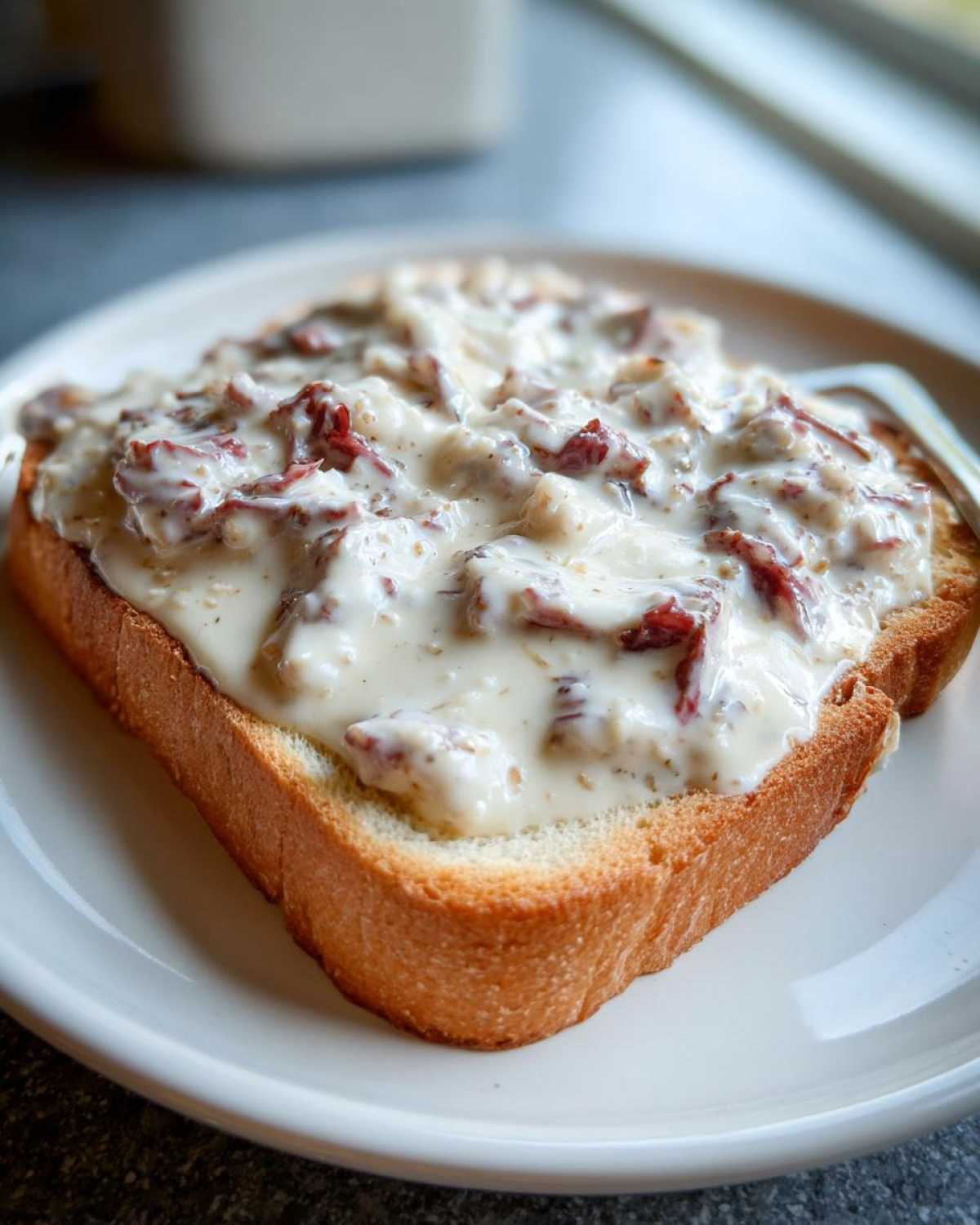 A single slice of toasted bread generously covered with creamy chipped beef on toast sauce.