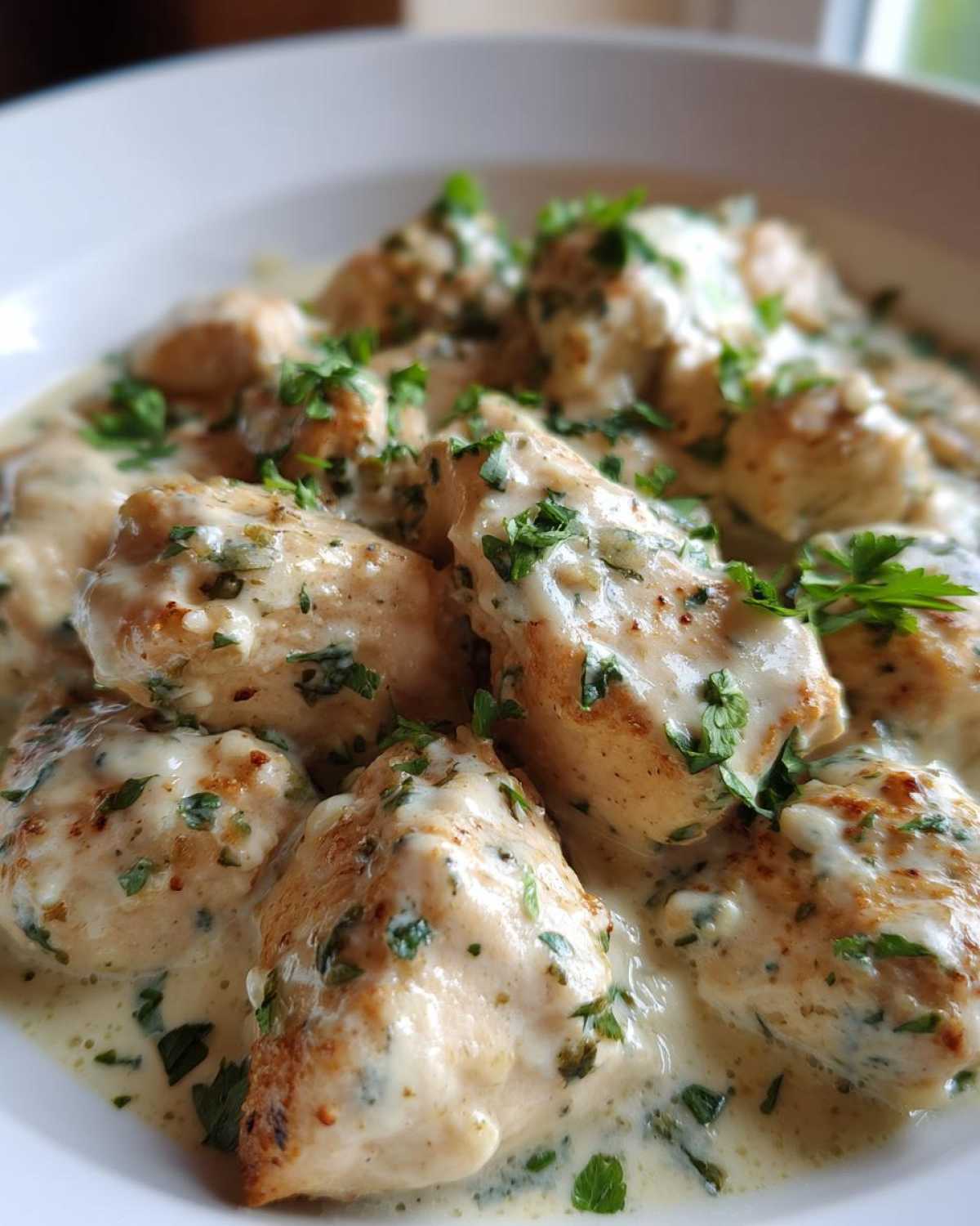 Close-up of tender chicken pieces coated in a creamy sauce and garnished with fresh parsley, representing coconut lime chicken.