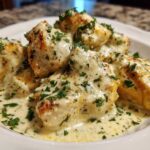 Close-up of seared chicken pieces smothered in a creamy sauce and topped with fresh parsley, representing coconut lime chicken.
