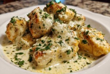 Close-up of seared chicken pieces smothered in a creamy sauce and topped with fresh parsley, representing coconut lime chicken.