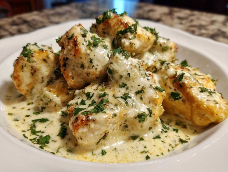 Close-up of seared chicken pieces smothered in a creamy sauce and topped with fresh parsley, representing coconut lime chicken.