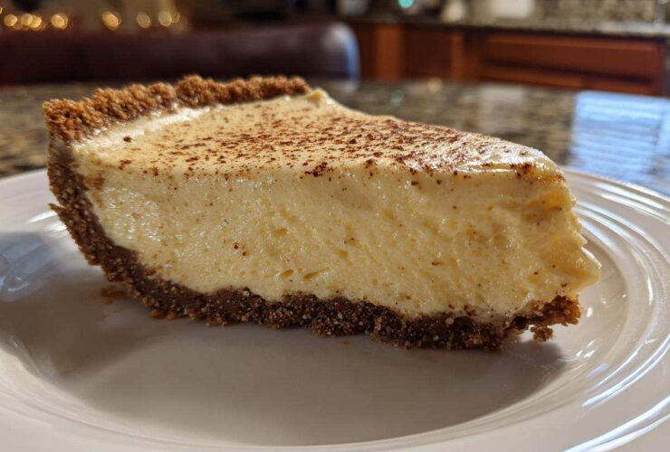 A close-up of a thick slice of creamy eggnog pie with a dark graham cracker crust, dusted with nutmeg.