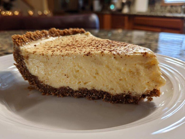 A close-up of a thick slice of creamy eggnog pie with a dark graham cracker crust, dusted with nutmeg.