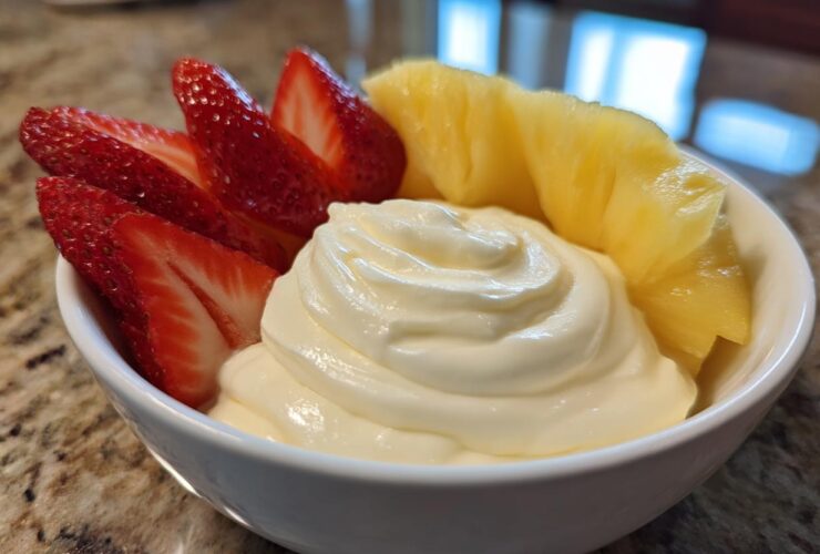 A white bowl filled with creamy fruit dip, surrounded by sliced fresh strawberries and pineapple wedges.