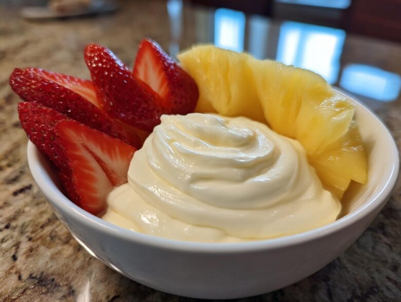 A white bowl filled with creamy fruit dip, surrounded by sliced fresh strawberries and pineapple wedges.