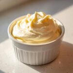 A close-up of thick, pale yellow homemade garlic aioli swirled high in a small white ramekin.