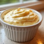 A close-up of thick, creamy, pale yellow garlic aioli served in a small white fluted ramekin.
