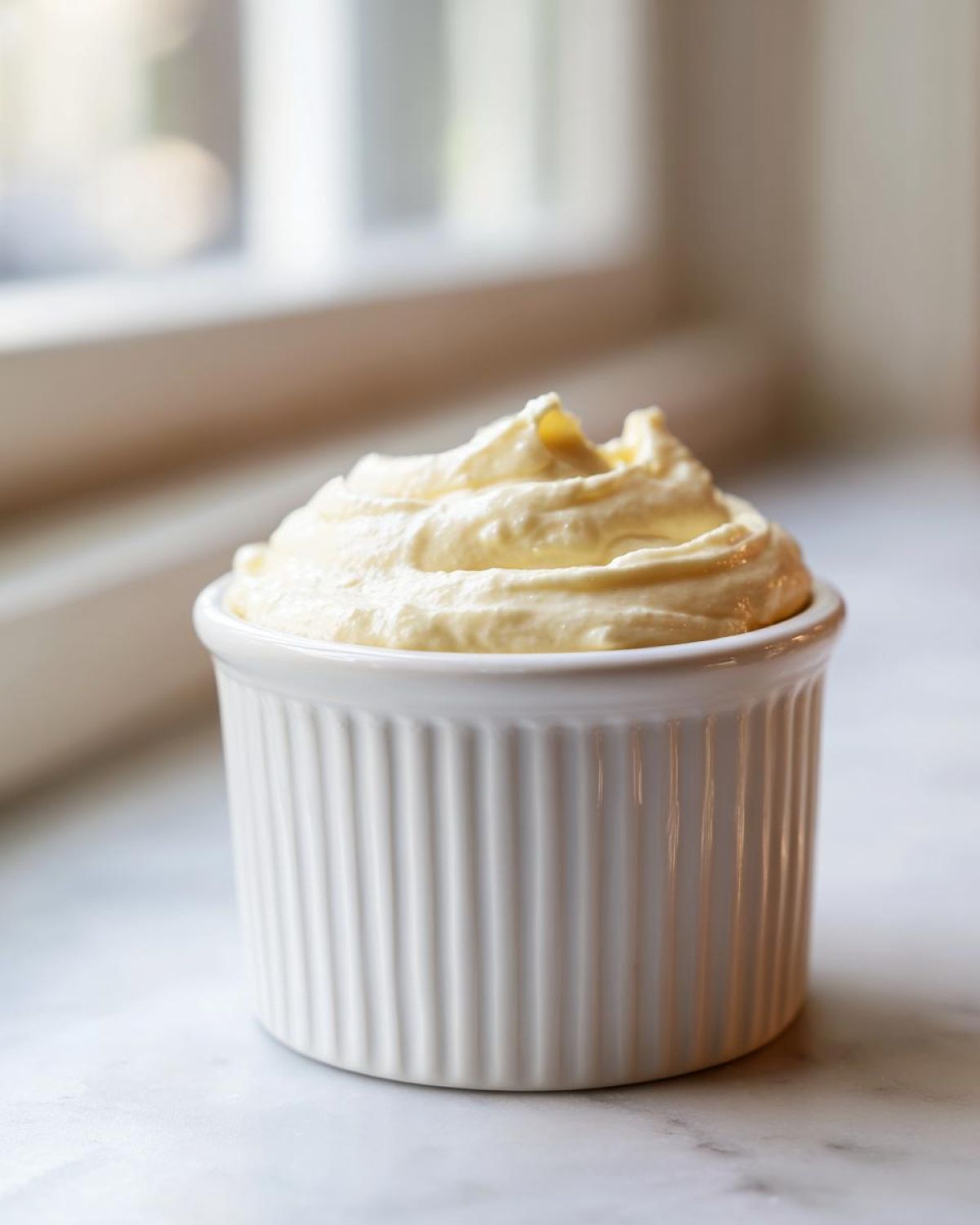 A close-up of thick, creamy homemade garlic aioli piped into a white, fluted ramekin.