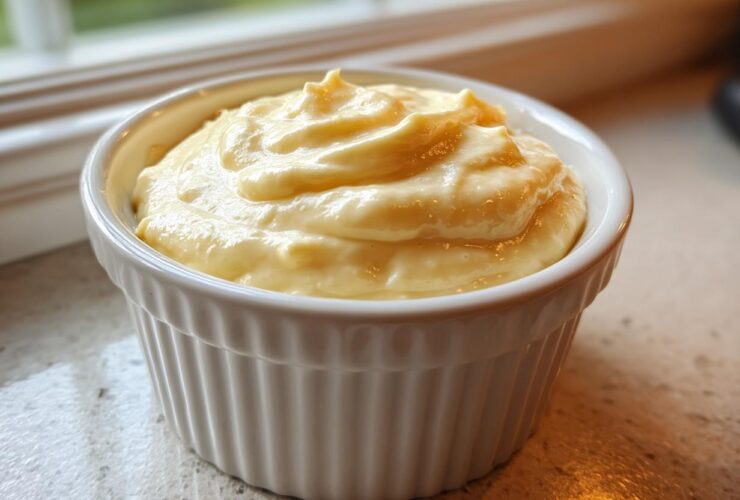 A close-up of thick, creamy, pale yellow garlic aioli served in a small white fluted ramekin.
