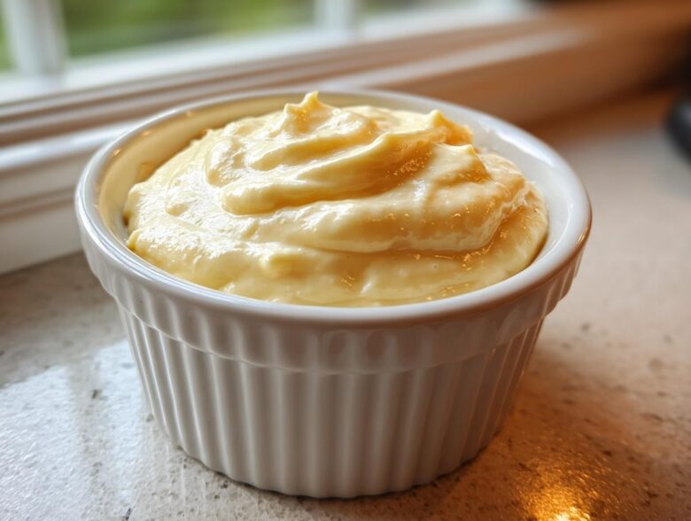A close-up of thick, creamy, pale yellow garlic aioli served in a small white fluted ramekin.
