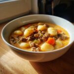 A close-up of a creamy, rich gnocchi soup featuring tender gnocchi, ground meat, carrots, and celery.