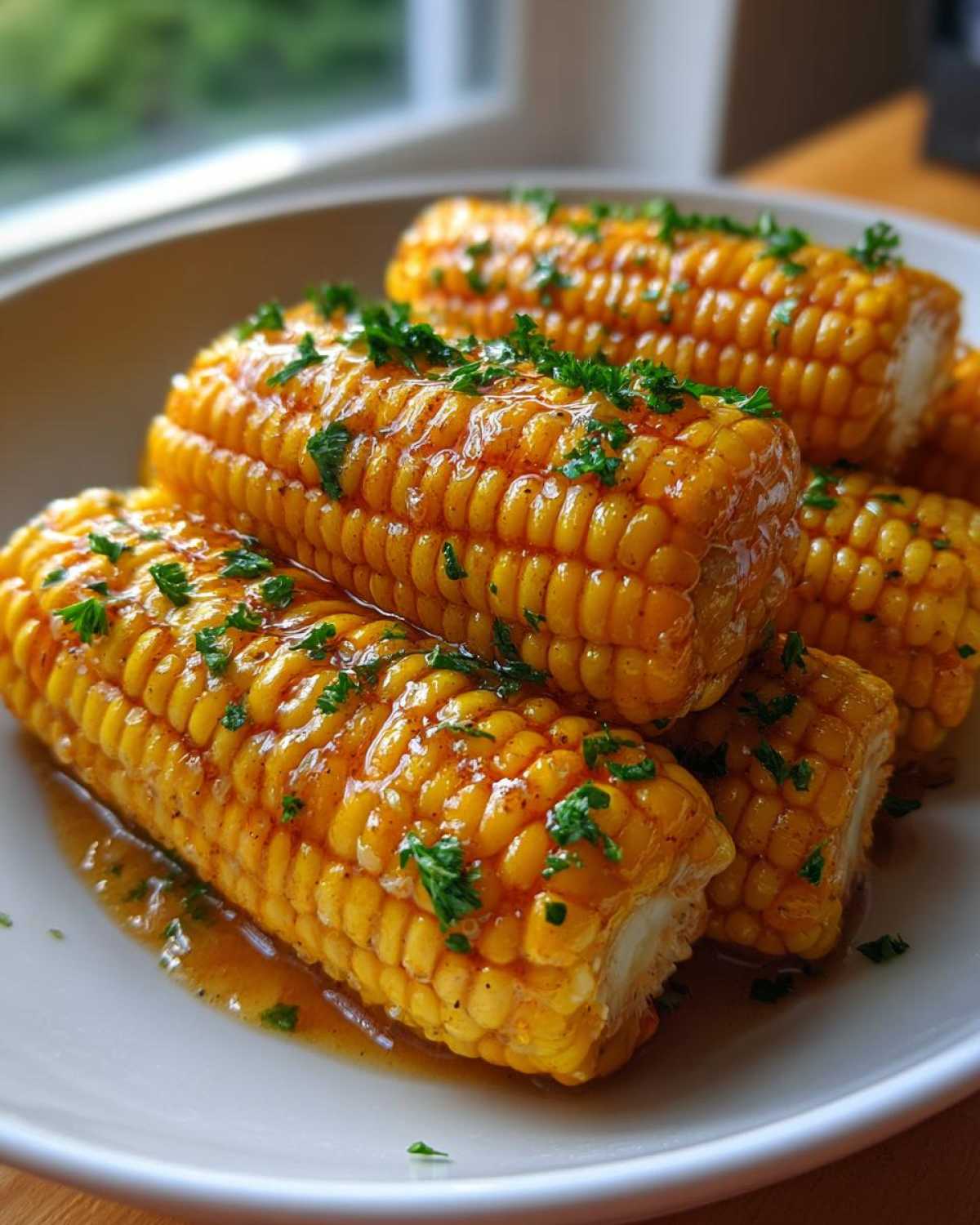 Close-up of several pieces of cooked corn coated in a shiny honey butter glaze and sprinkled with fresh parsley.