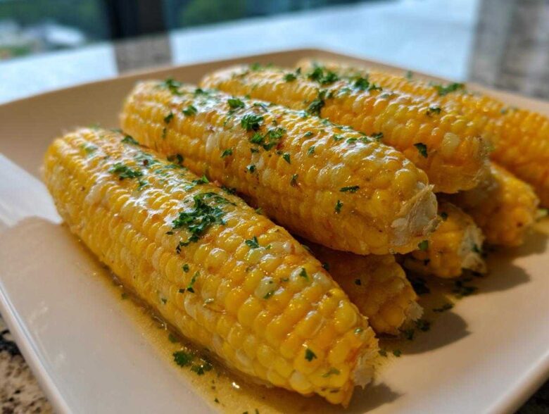 Several bright yellow ears of cooked corn covered in melted honey butter and fresh parsley.