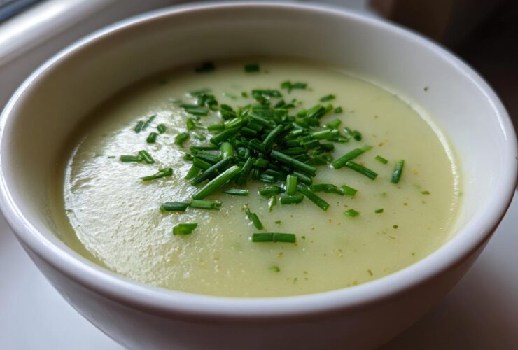 Close-up of a bowl of creamy leek soup, garnished generously with freshly chopped green chives.