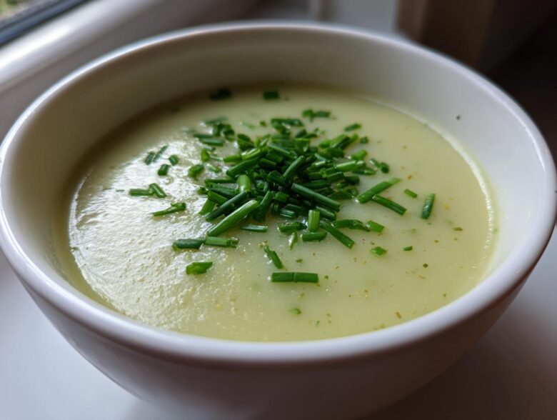 Close-up of a bowl of creamy leek soup, garnished generously with freshly chopped green chives.