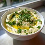 A white bowl filled with creamy olive dip, drizzled with olive oil and topped with fresh chopped parsley.