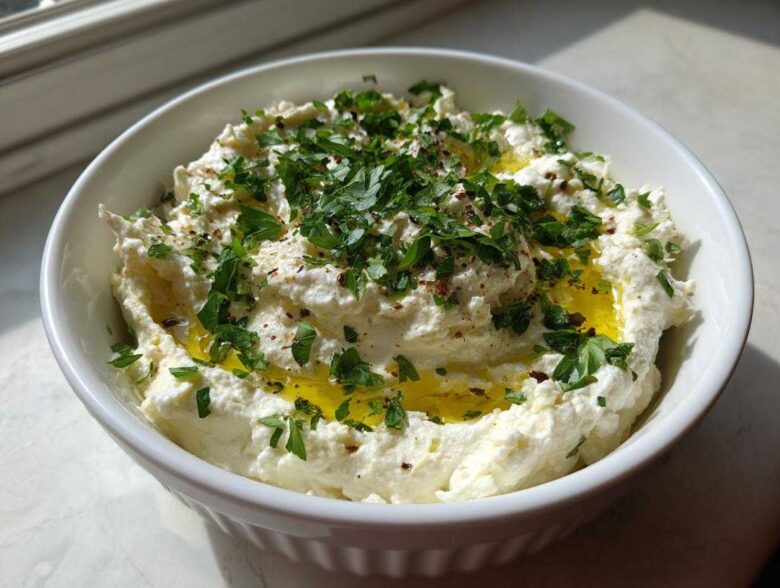 A white bowl filled with creamy white olive dip, drizzled with olive oil and topped generously with fresh chopped parsley.