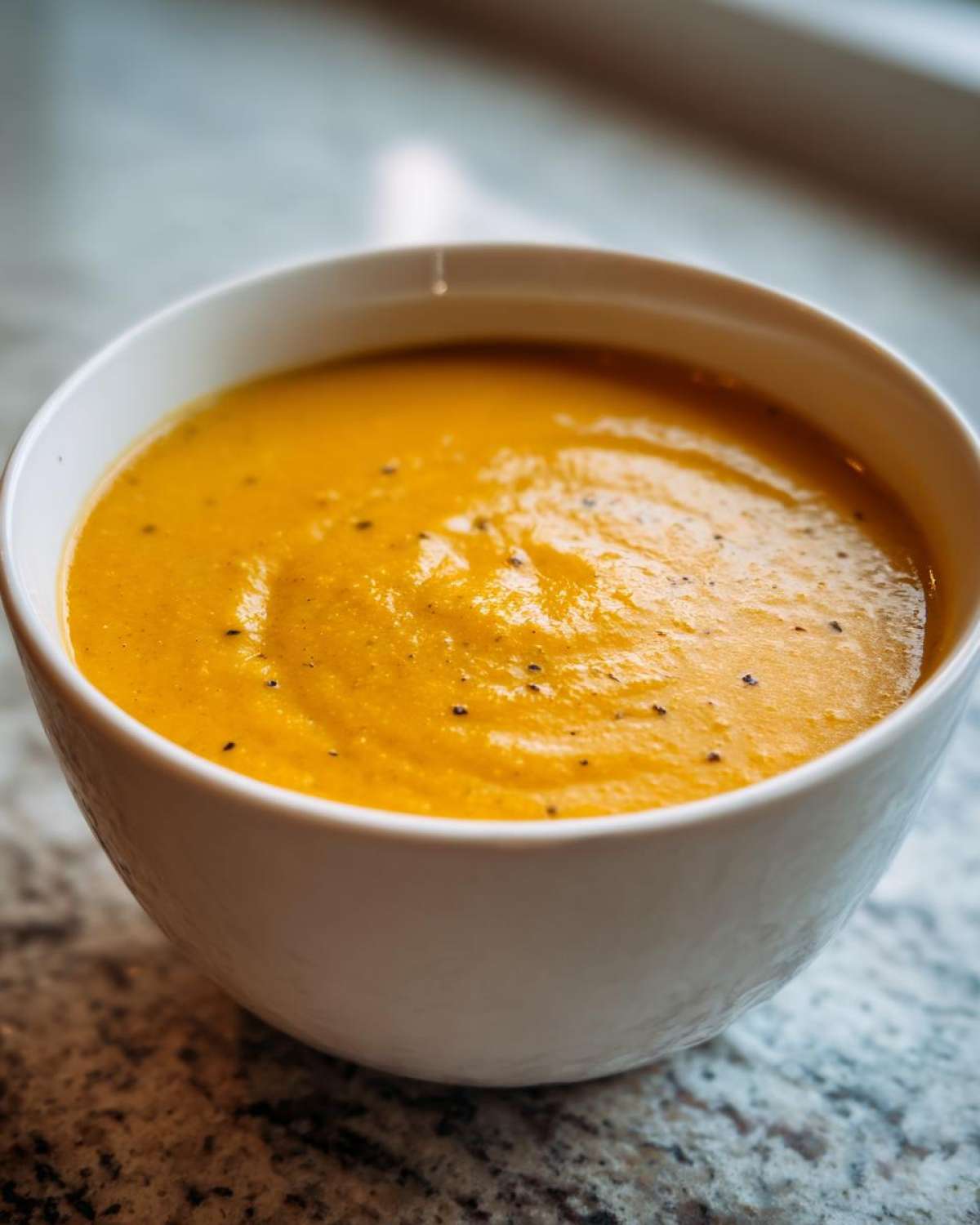 Close-up of a bowl of rich, creamy orange cauliflower soup, seasoned with black pepper.
