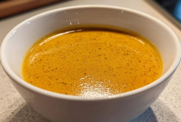 Close-up of a rich, orange-hued, creamy cauliflower soup served in a white bowl.