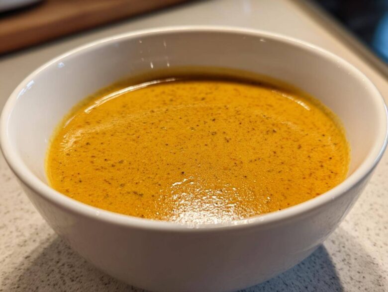 Close-up of a rich, orange-hued, creamy cauliflower soup served in a white bowl.