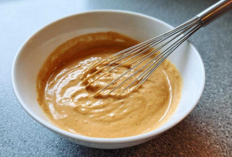 A close-up of creamy, light brown peanut sauce being whisked in a white bowl.