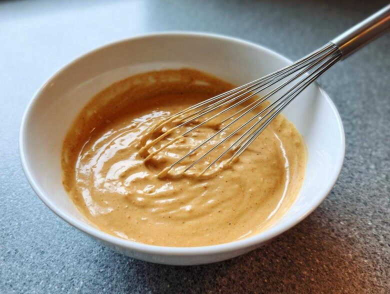 A close-up of creamy, light brown peanut sauce being whisked in a white bowl.