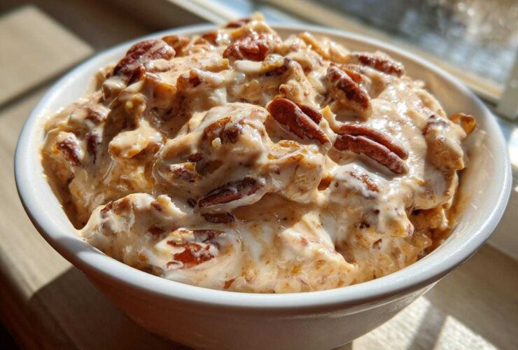 A close-up of rich, creamy pecan pie dip topped generously with whole pecans, served in a white bowl.