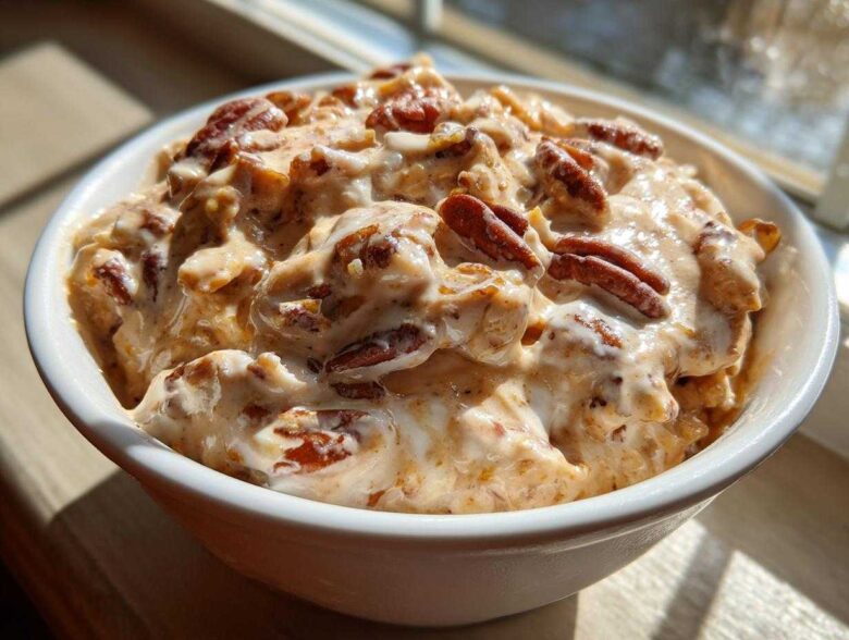 A close-up of rich, creamy pecan pie dip topped generously with whole pecans, served in a white bowl.