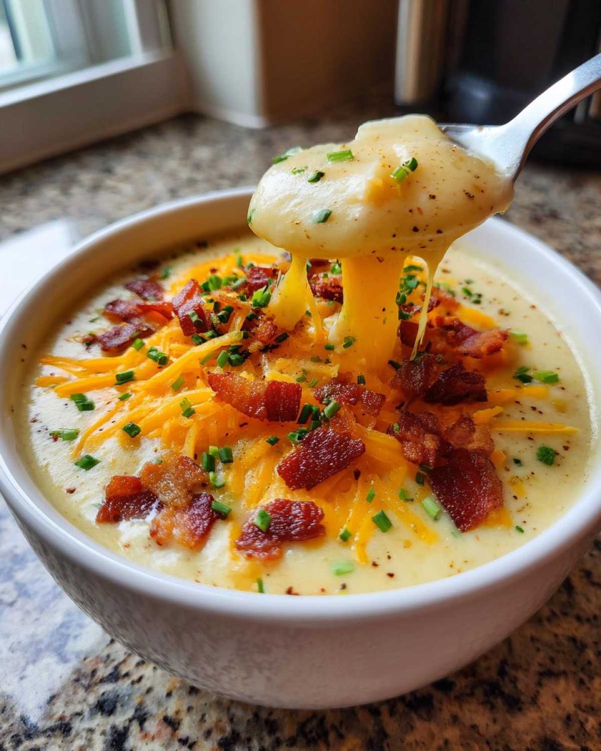 A spoonful of thick, cheesy potato soup recipe dripping back into a bowl topped with bacon and chives.