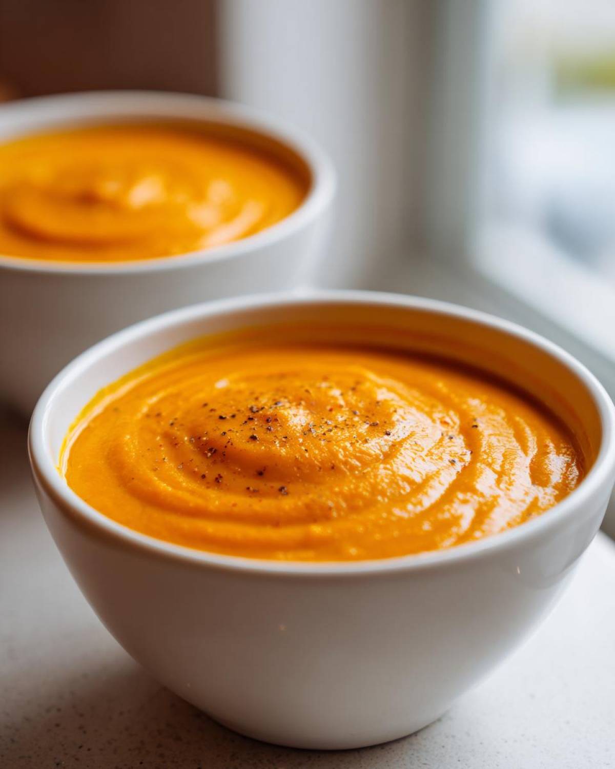 Close-up of a creamy, vibrant orange pumpkin soup garnished with cracked black pepper in a white bowl.