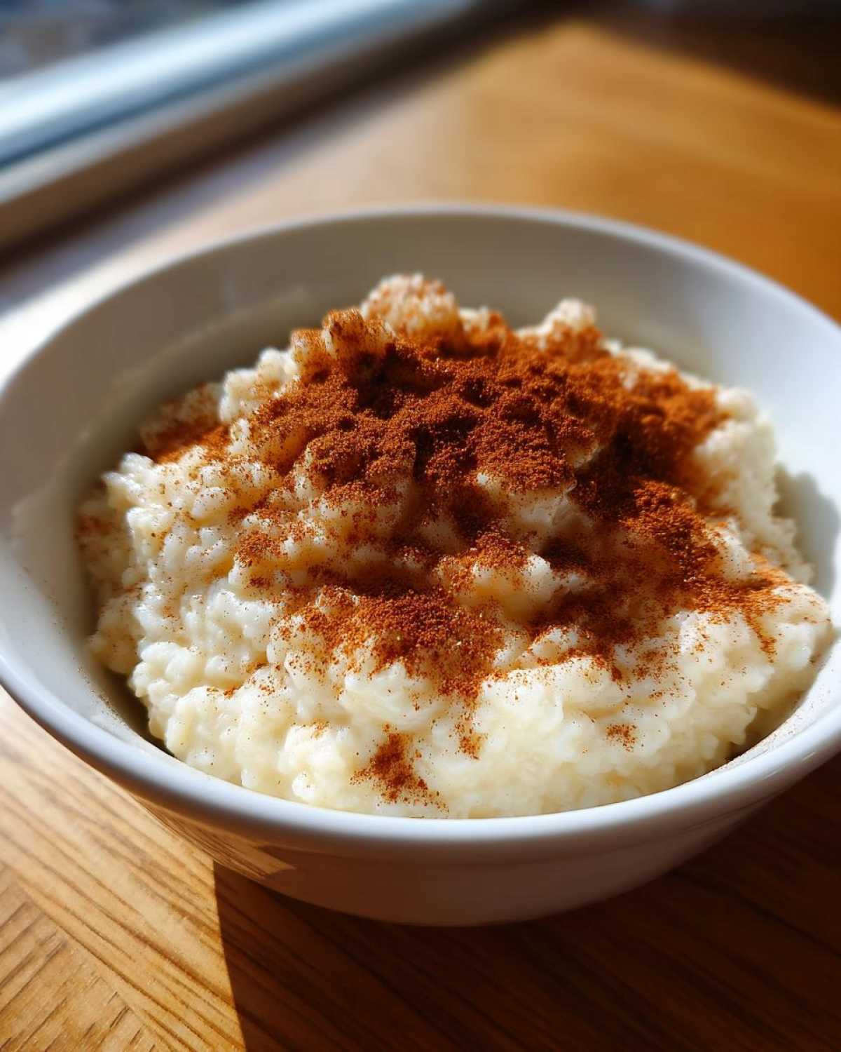 A close-up of a white bowl filled with creamy rice pudding recipe, generously dusted with ground cinnamon.