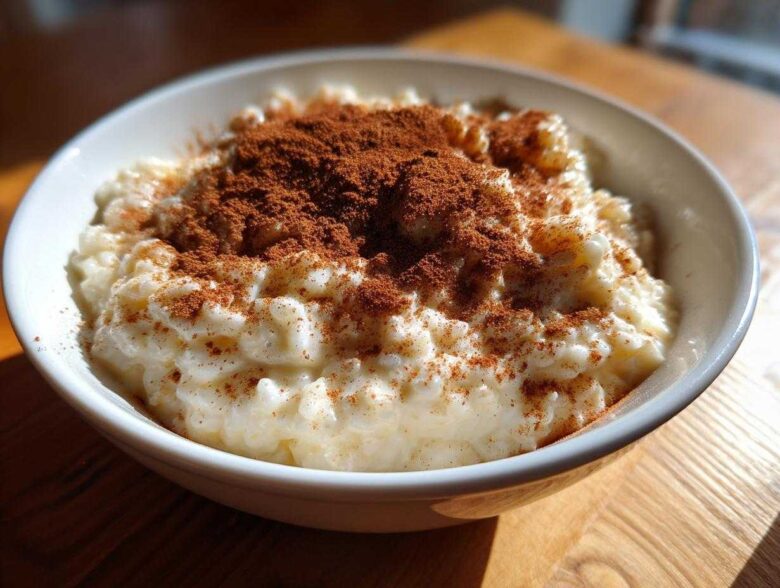 Close-up of a bowl of creamy rice pudding recipe generously dusted with ground cinnamon.