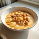 A close-up of creamy sausage gnocchi soup in a white bowl, topped with pepper.