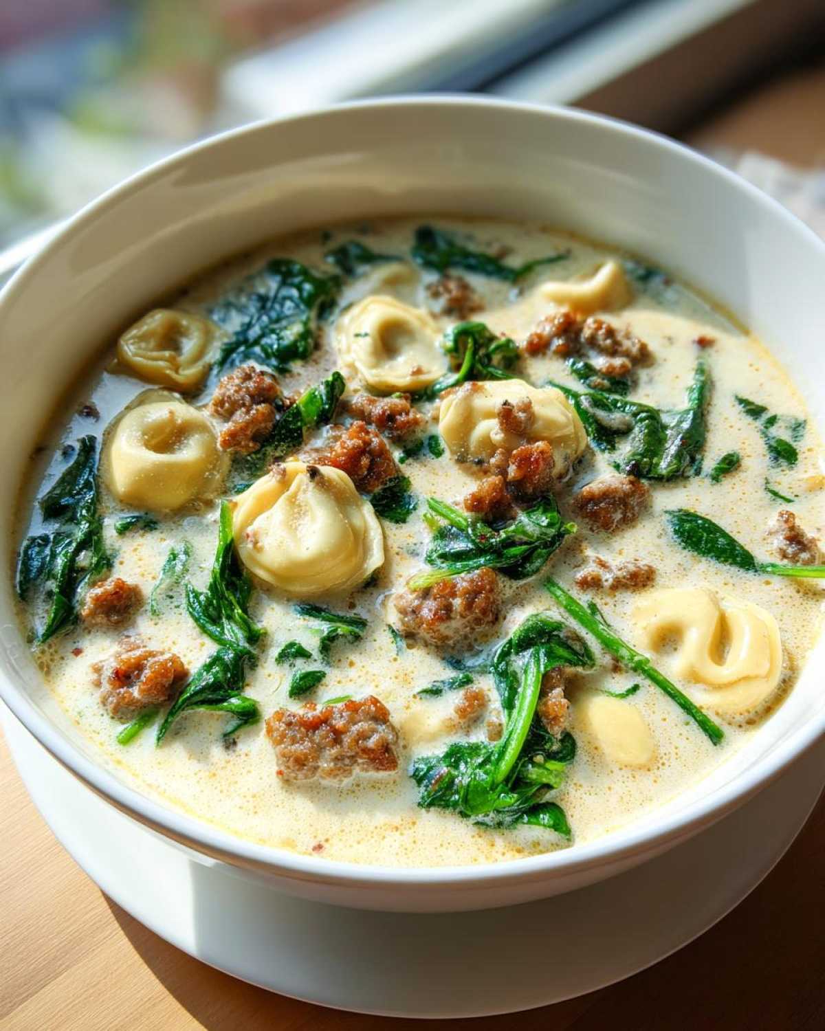 A close-up of a white bowl filled with creamy sausage tortellini soup, featuring tortellini, browned sausage crumbles, and wilted spinach.