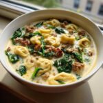 A close-up of a white bowl filled with creamy sausage tortellini soup, featuring tortellini, crumbled sausage, and wilted spinach.