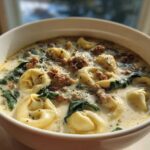 A close-up view of a hearty bowl of creamy sausage tortellini soup, featuring tortellini pasta, crumbled sausage, and spinach.