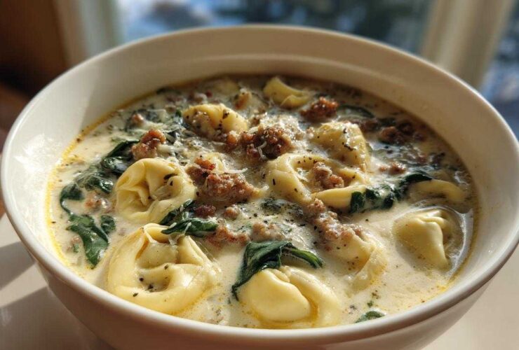 A close-up view of a hearty bowl of creamy sausage tortellini soup, featuring tortellini pasta, crumbled sausage, and spinach.