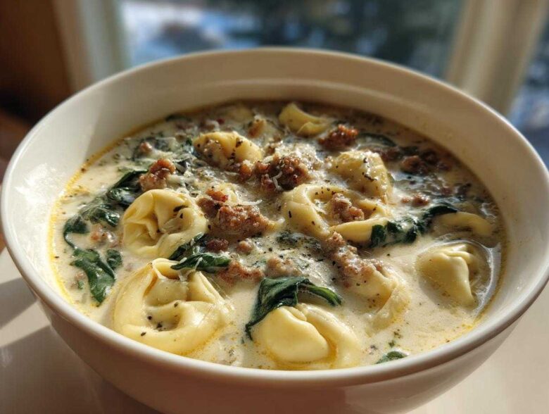 A close-up view of a hearty bowl of creamy sausage tortellini soup, featuring tortellini pasta, crumbled sausage, and spinach.