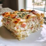 A thick, layered slice of creamy seafood lasagna featuring visible chunks of pink seafood, topped with browned cheese and parsley.