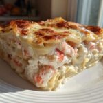 A thick, creamy slice of seafood lasagna featuring layers of pasta, white sauce, and visible pieces of pink seafood, baked until golden brown.