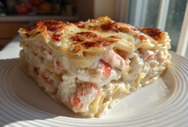 A thick, creamy slice of seafood lasagna featuring layers of pasta, white sauce, and visible pieces of pink seafood, baked until golden brown.