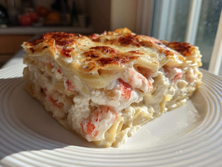 A thick, creamy slice of seafood lasagna featuring layers of pasta, white sauce, and visible pieces of pink seafood, baked until golden brown.