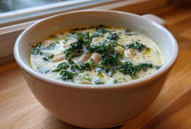 Close-up of a white bowl filled with creamy Tuscan white bean soup, topped with dark green kale and olive oil.