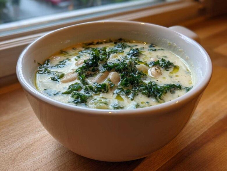 Close-up of a white bowl filled with creamy Tuscan white bean soup, topped with dark green kale and olive oil.
