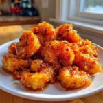 A close-up of crispy, saucy Bang Bang Shrimp piled high on a white plate, glistening with chili flakes.