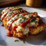 Close-up of a golden-brown chicken parmesan recipe fillet topped with melted mozzarella, marinara sauce drizzle, and fresh parsley.