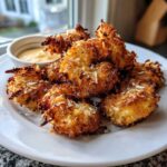 A plate piled high with crispy, golden brown coconut shrimp served with a side of creamy dipping sauce.