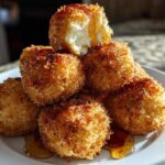 A stack of golden brown, crispy fried goat cheese balls drizzled with honey on a white plate.