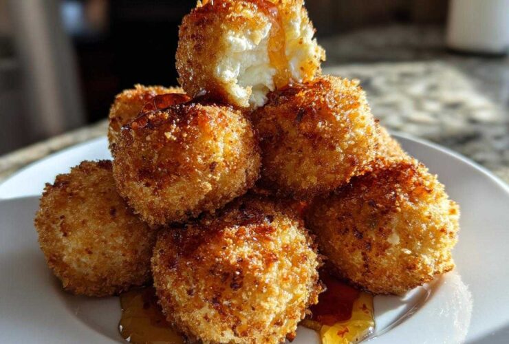 A stack of golden brown, crispy fried goat cheese balls drizzled with honey on a white plate.