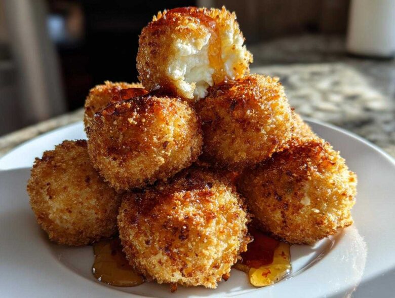 A stack of golden brown, crispy fried goat cheese balls drizzled with honey on a white plate.